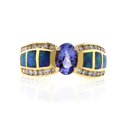 Anillo de Oro Macizo 14K con Opalo Australiano y Tanzanita
