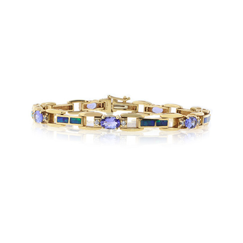 Pulsera de Oro Sólido de 14K con Tanzanita, Diamantes y Ópalo Naturales
