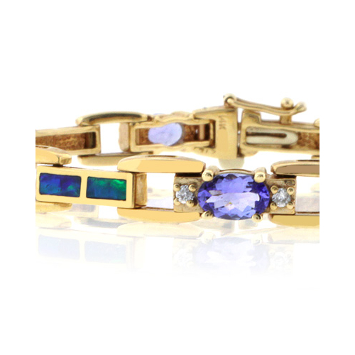 Pulsera de Oro Sólido de 14K con Tanzanita, Diamantes y Ópalo Naturales