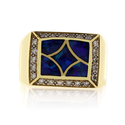 Anillo de Oro Macizo 14k con Opalo Australiano y Diamantes
