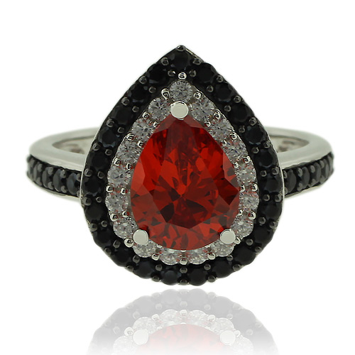 Anillo en Corte Pera de Ópalo de Fuego y Zirconias en Plata de Ley