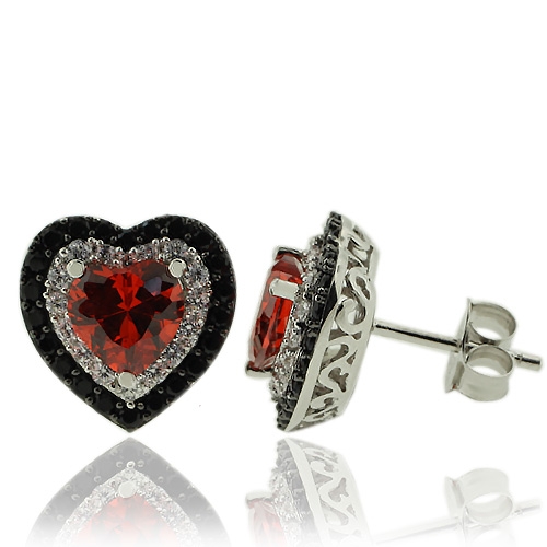 Silver Earrings With Zirconia and Heart Shape Fire Opal Gemstones.