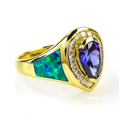 Anillo de Ópalo Australiano En Baño de Oro con Piedra Tanzanita en Corte Pera