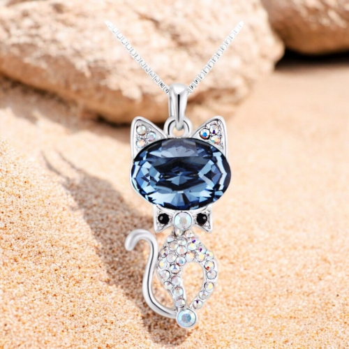 Collar de Cristal Swarovski Chapado en Rodio en Forma de Gato Color Azul
