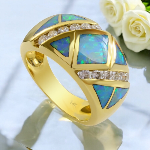 Precioso Anillo de Oro 14K con Opalo y Diamantes