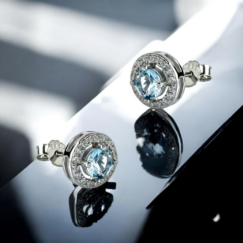 Aretes de Plata .925 con Solitario Halo de Aguamarina Talla Redonda
