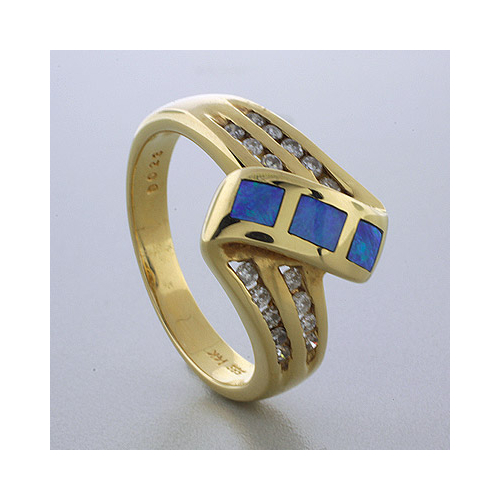 14k Solid Yellow Gold Australian Blue Opal Diamond Ring