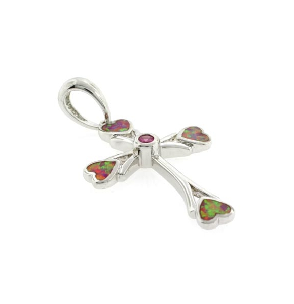 Dije de Cruz con Zafiro Rosa y Ópalo Australiano en Plata .925