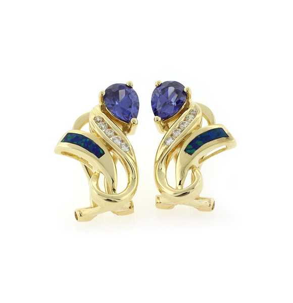 Elegantes Aretes de Tanzanita y Ópalo con Baño de Oro 14K