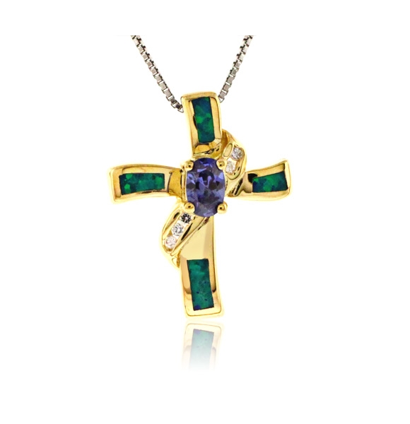 Dije de Cruz con Tanzanita y Ópalo en Plata con Baño de Oro 14K. Siempre hay tiempo para celebrar, porque no hacerlo con este hermoso dije. El dije esta compuesto por una piedra preciosa de Tanzanita en corte ovalado, incrustaciones de Opalo Australiano y zirconias blancas decoran y completan el dije ( 2.5 cms x 2 cms ). Hecho con plata de ley .925 de la mejor calidad en un diseño moderno y muy elegante. Consiéntete con este magnífico dije. Puedes obtener una hermosa cadena de Plata aquí.