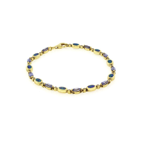 Pulsera de Plata .925 con Baño de Oro 14K, Tanzanita y Opalo Azul