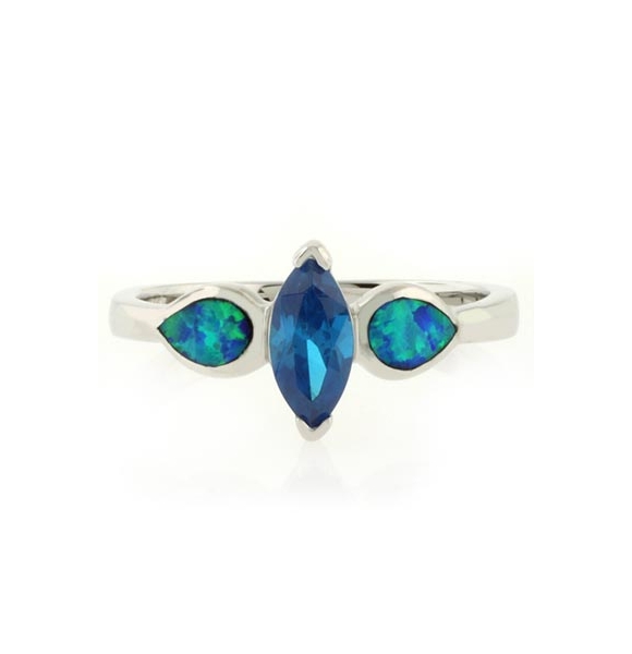 Anillo de Topacio Azul con Incrustaciones de Ópalo