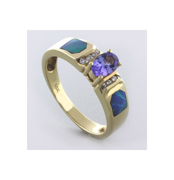 Anillo de Oro Macizo 14K con Tanzanita, Diamantes y Opalo
