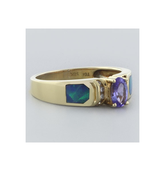 Anillo de Oro Macizo 14K con Tanzanita, Diamantes y Opalo