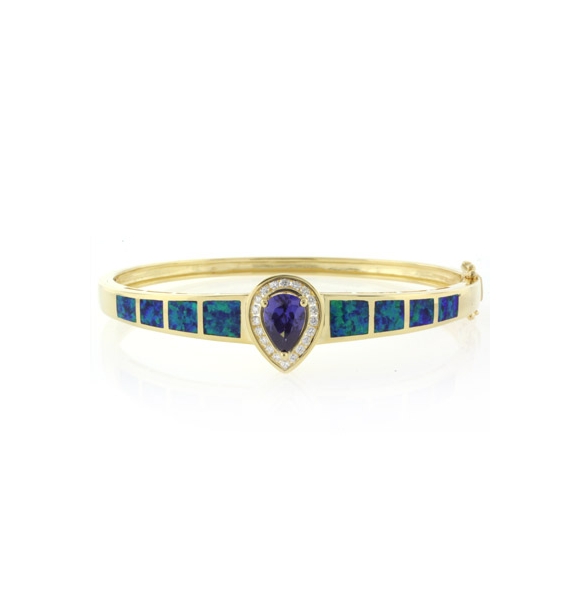Brazalete de Plata .925 en Baño de Oro 14K con Tanzanita y Opalo Australiano
