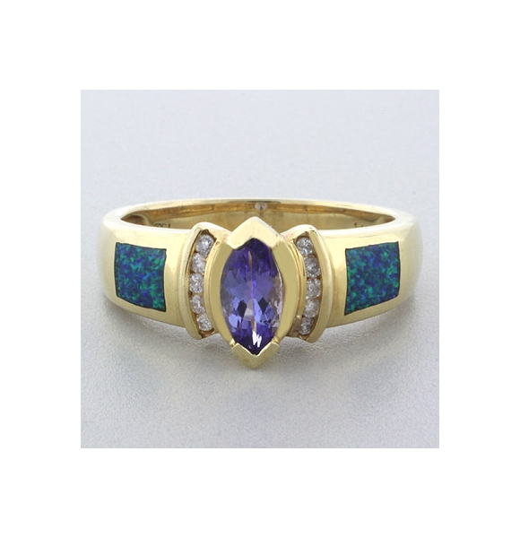 Anillo de Oro Macizo 14K con Opalo y Tanzanita
