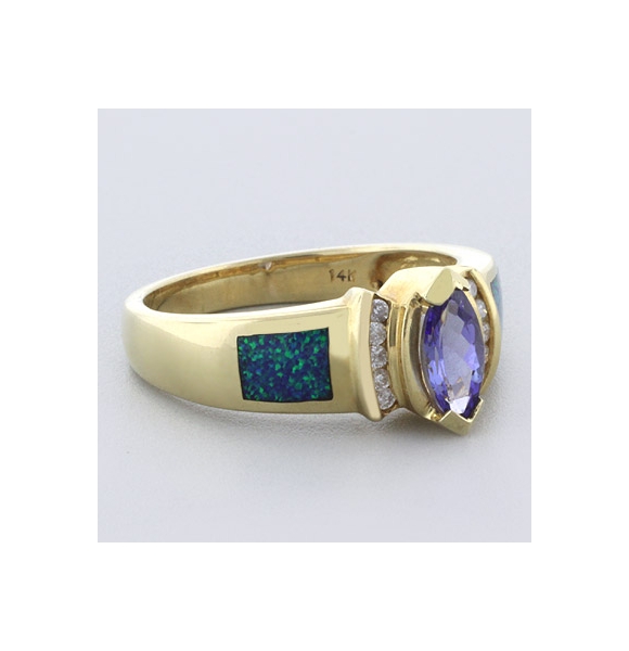 Blue Opal with Tanzanite Yellow Gold RIng in 14K