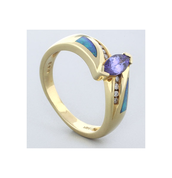 Precioso Anillo de Tanzanita, Diamantes y Opalo en Oro de 14K