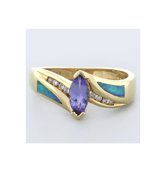 Precioso Anillo de Tanzanita, Diamantes y Opalo en Oro de 14K