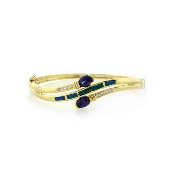 Brazalete de Plata .925 con Baño de Oro 14K, Tanzanita y Opalo Australiano