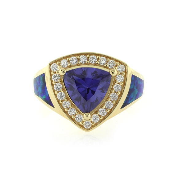 Anillo de Plata con Chapa de Oro, Tanzanita y Opalo Azul
