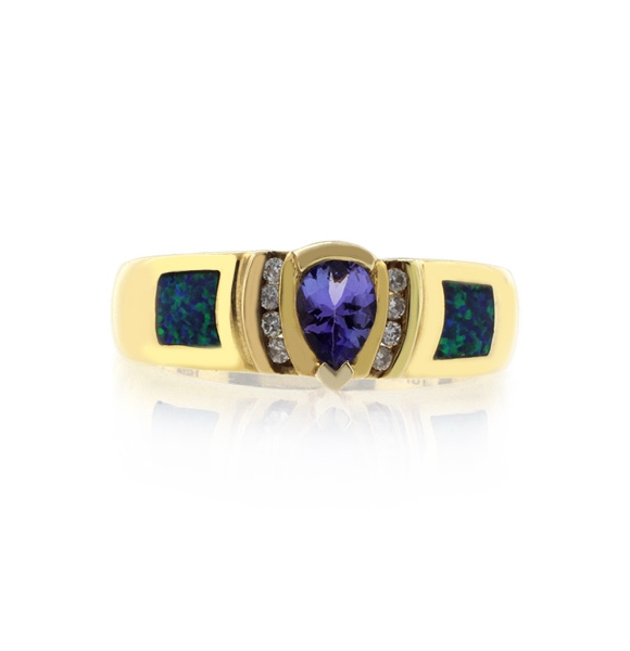 Anillo de Oro Solido con Opalo y Tanzanita