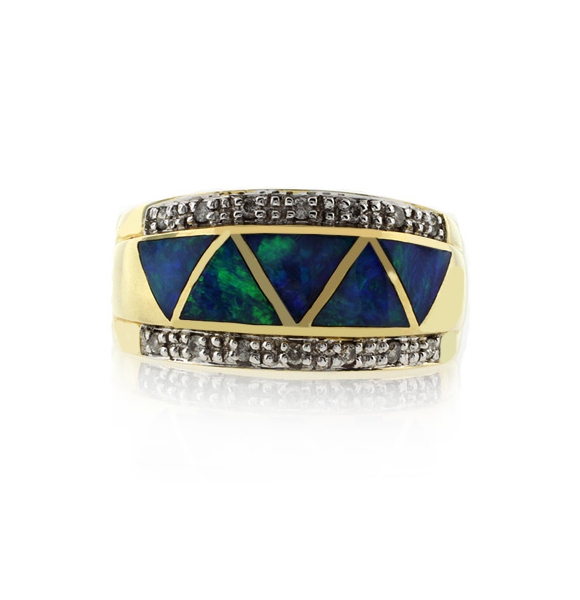 Anillo de Oro Amarillo Macizo 14K con Opalo y Diamantes