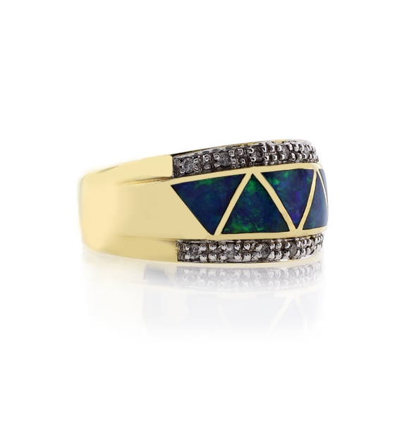 Anillo de Oro Amarillo Macizo 14K con Opalo y Diamantes