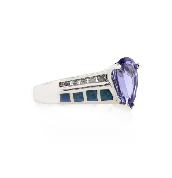 Anillo de Oro Blanco Macizo 14K con Opalo y Tanzanita