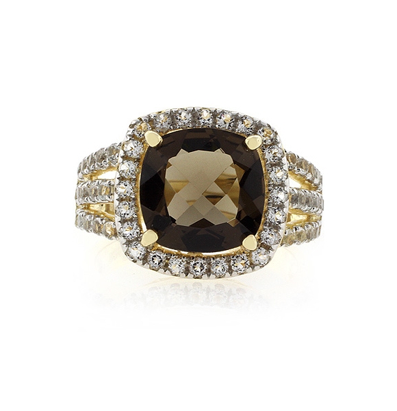 Anillo de Topacio Ahumado en Plata con Baño de Oro 14K