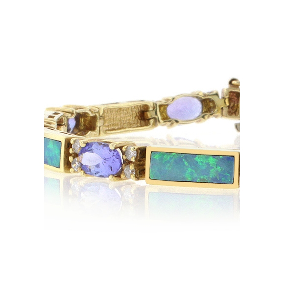 Pulsera de Oro Macizo de 14K con Tanzanita, Diamantes y Ópalo Genuinos