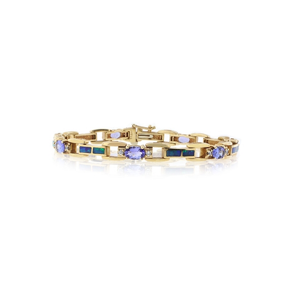Pulsera de Oro Sólido de 14K con Tanzanita, Diamantes y Ópalo Naturales