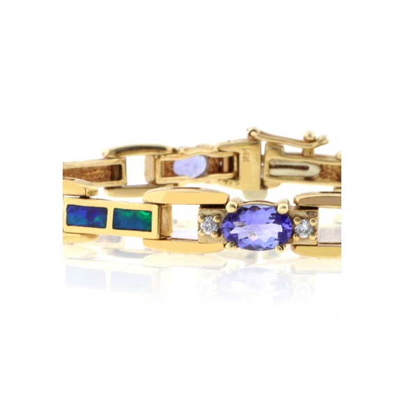 Pulsera de Oro Sólido de 14K con Tanzanita, Diamantes y Ópalo Naturales