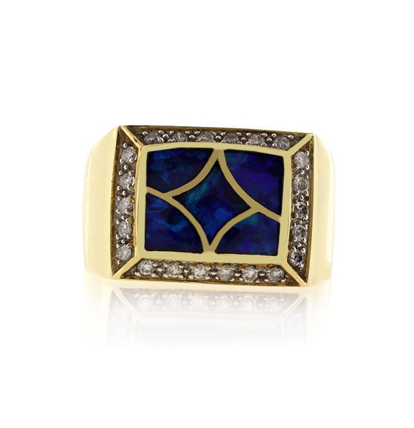 Anillo de Oro Macizo 14k con Opalo Australiano y Diamantes