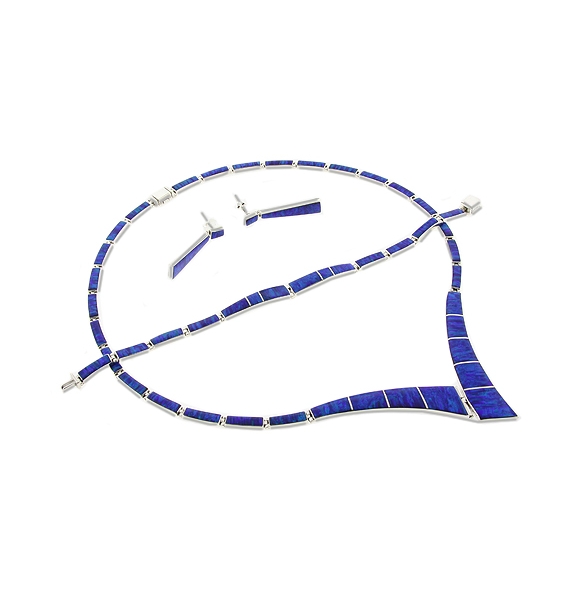 Precioso Juego de Ópalo Azul con Collar, Pulsera y Aretes en Plata .950