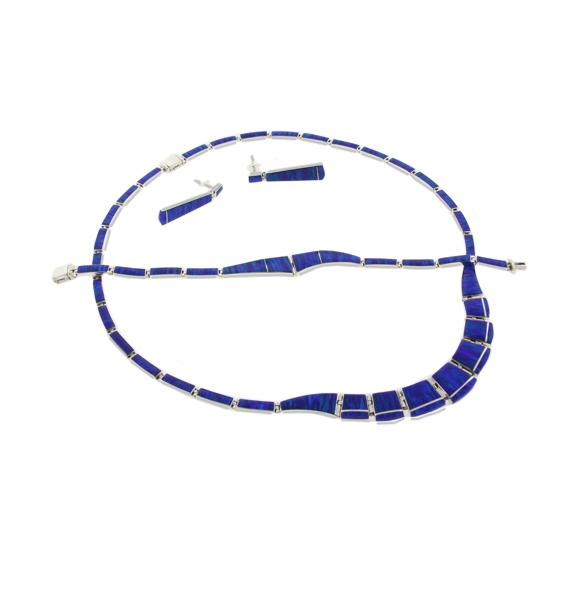 Hermoso Conjunto de Ópalo Azul con Aretes, Collar y Pulsera en Plata .950