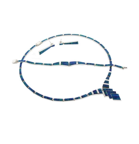 Elegante Juego de Ópalo de Fuego Azul con Collar, Pulsera y Aretes en Plata .950
