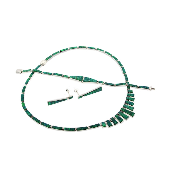 Juego de Aretes, Collar y Pulsera de Ópalo Verde en Plata de la Mejor Calidad .950