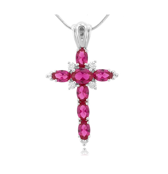 Dije de Cruz con Rubí Rosa en Plata Fina .925