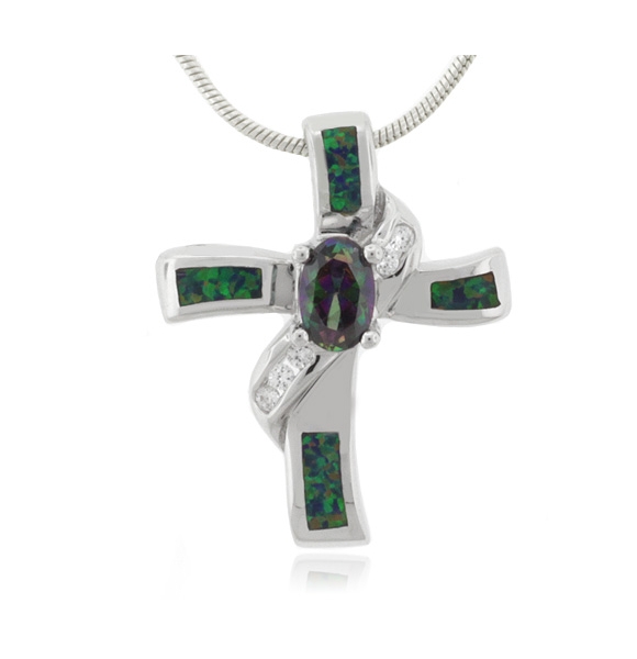 Dije de Cruz con Topacio Místico y Ópalo en Plata Fina .925