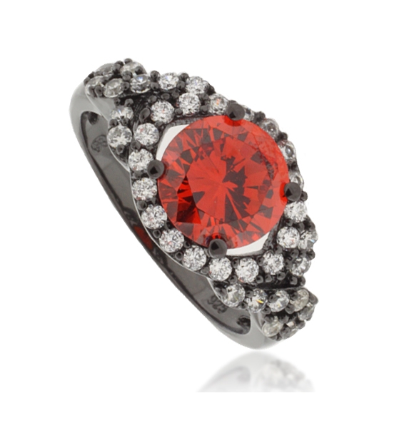 Anillo de Plata Oxidada con Ópalo de Fuego Corte Redondo