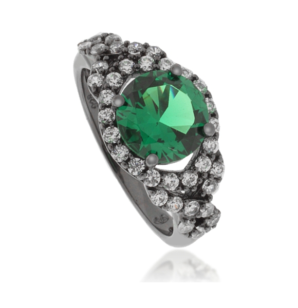 Anillo de Plata Negra con Esmeralda Corte Redondo