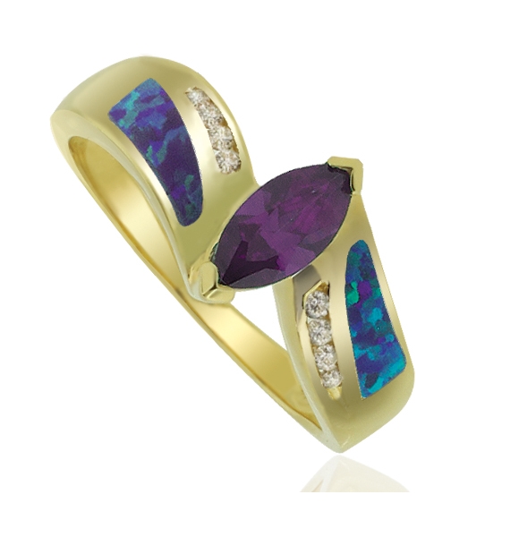 Anillo de Ópalo Australiano En Baño de Oro con  Elegante Piedra Tanzanita en Corte Marquesa