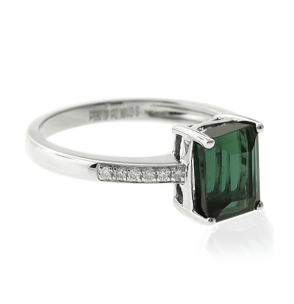 Anillo de 18k de Oro Blanco Verde Turmalina 2CT ( 7mm x5mm ) 0.06CT Diamantes