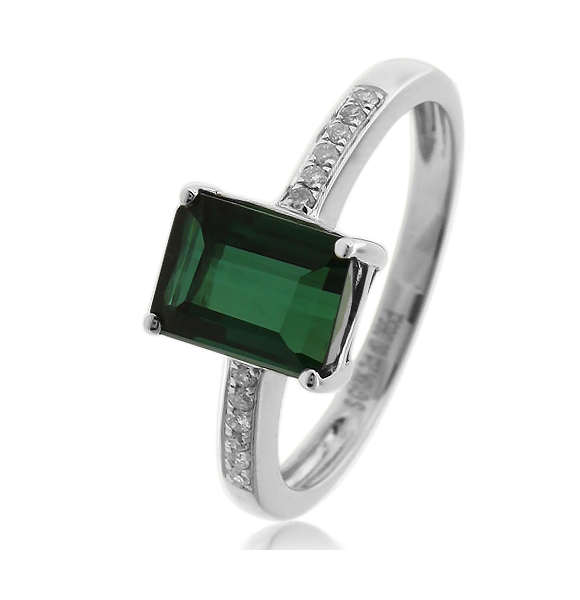 Anillo de 18k de Oro Blanco Verde Turmalina 2CT ( 7mm x5mm ) 0.06CT Diamantes