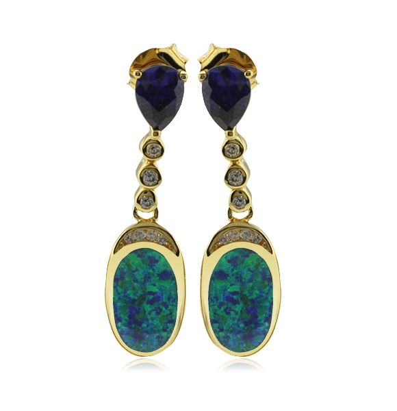 Aretes en Baño de Oro con Tanzanita en Corte de Pera y Ópalo Australiano