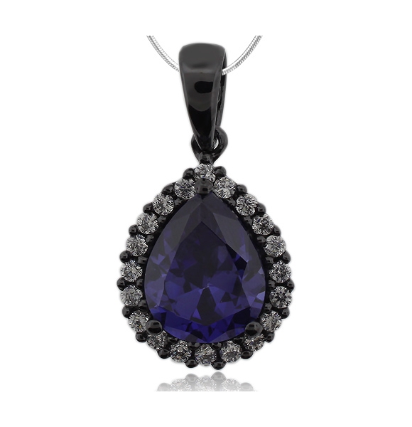 Dije de Plata Negra y Piedra de Tanzanita En corte de Pera