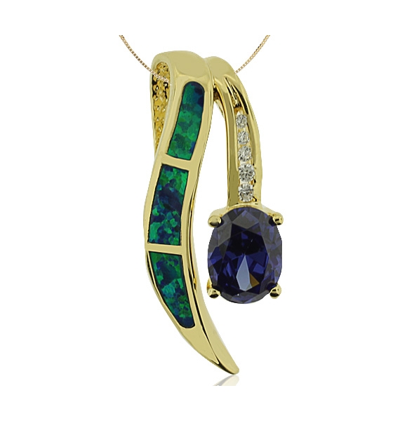 Grandioso Dije en Baño de Oro con Tanzanita en Corte Oval y Ópalo Australiano.