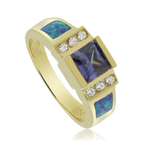 Hermoso Anillo de Ópalo Australiano En Baño de Oro con Piedra Tanzanita