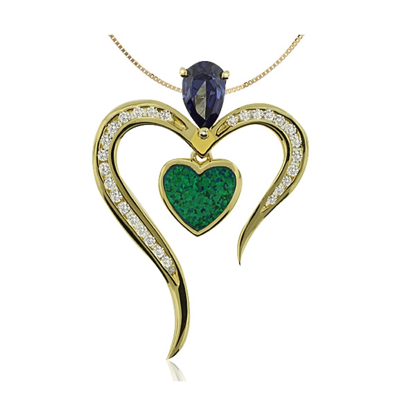 Hermoso Dije en Baño de Oro con Tanzanita en Corte Pera y Ópalo Australiano